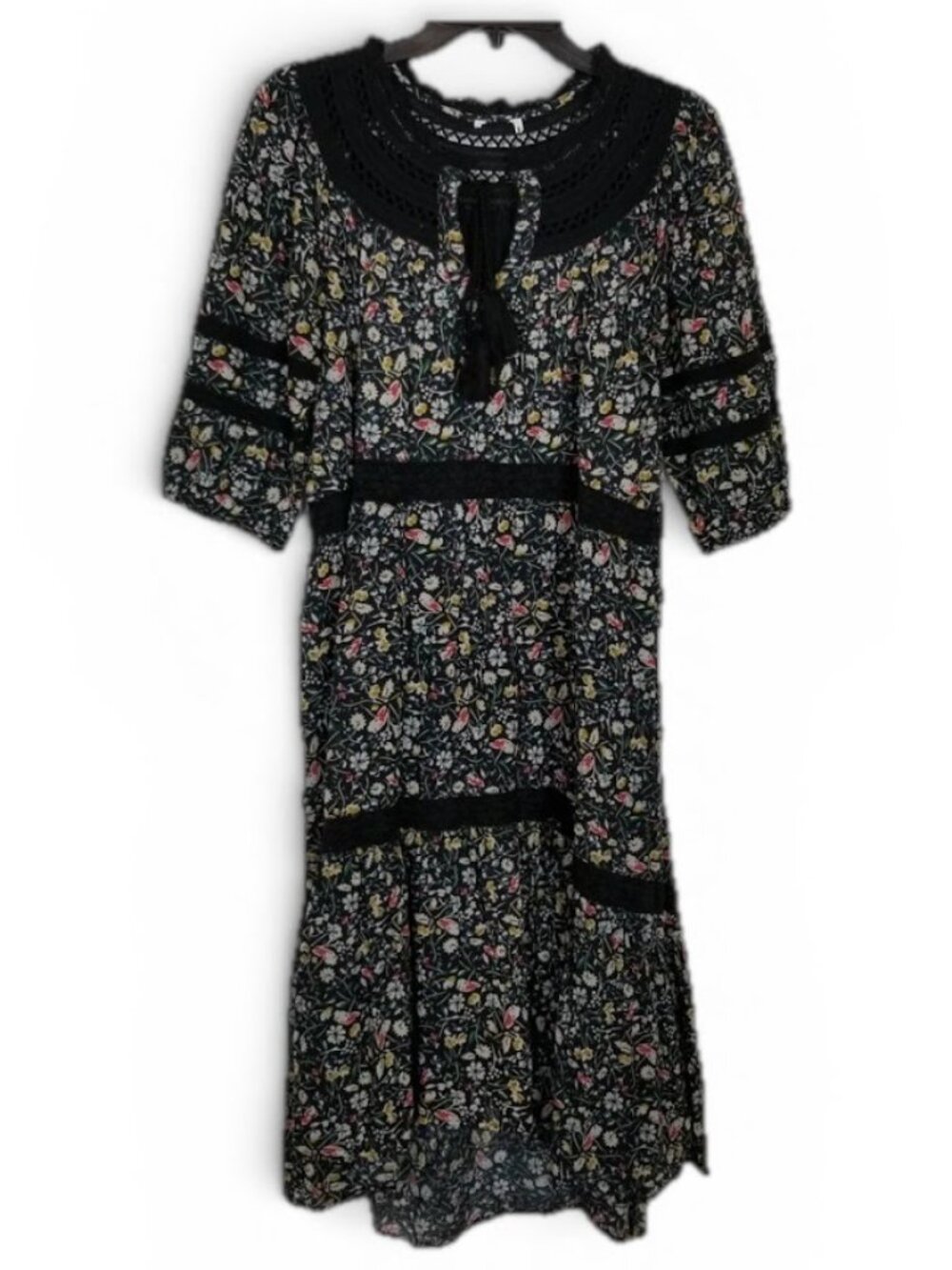 Sundance Isadora Blooms prairie black cotton tiered boho midi dress size M - Picture 2 of 7